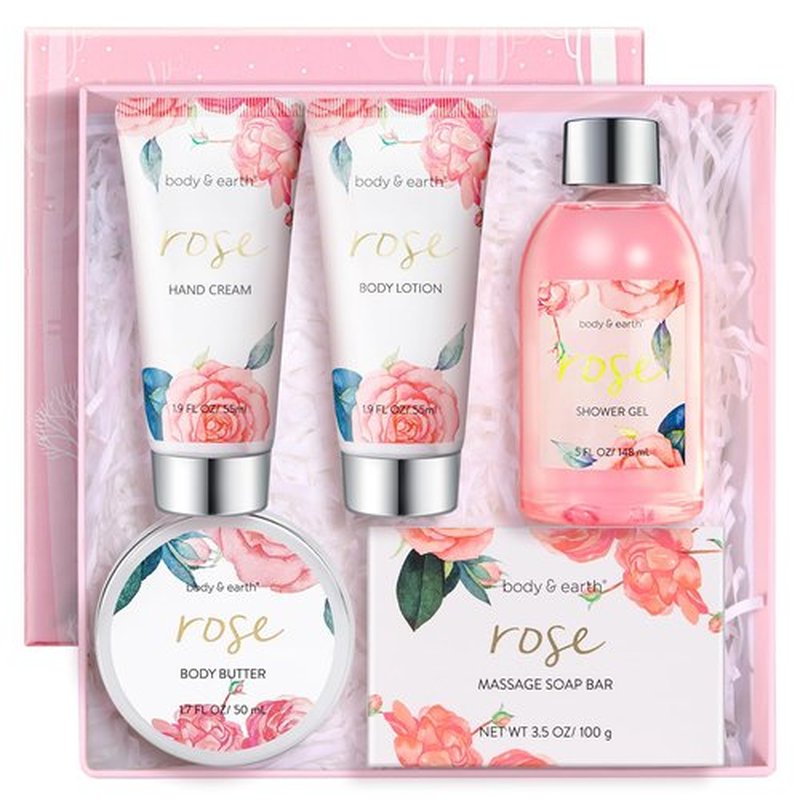 BODY & EARTH Spa Gift Set for Women - Luxurious 5 Pcs Bath and Body Box, Rose Scent, Includes Body Wash, Body Butter, Body Lotion and More, Birthday Mothers Day Gifts for Mom Self Care Kit for Her