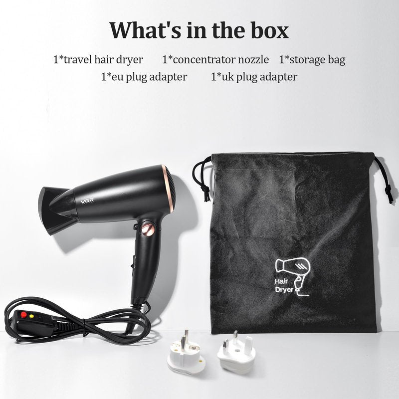 VGR Dual Voltage(100~250V) Travel Hair Dryer with European Plug Adapter for International Travel, Portable Hair Dryer with Concentrator Nozzles
