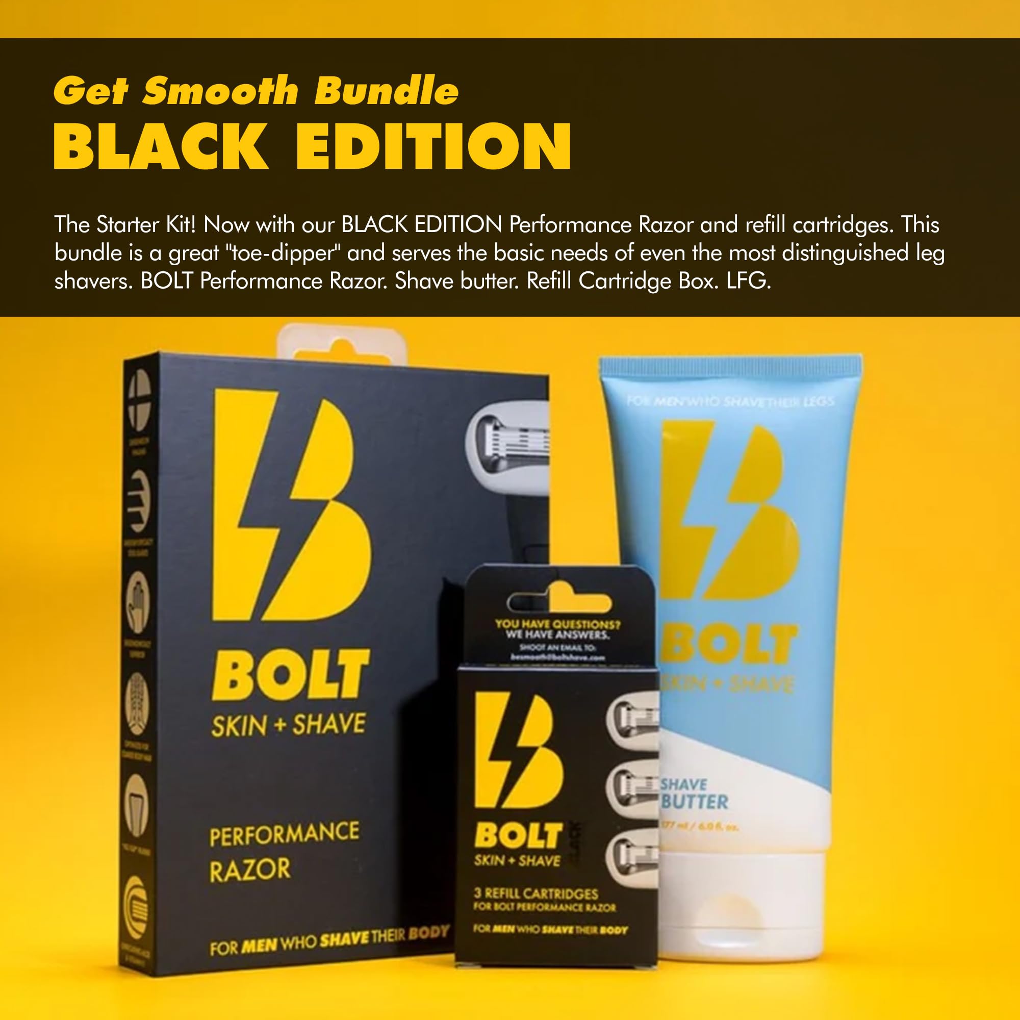 BOLT Skin + Shave - Starter Kit Black Edition - Performance Razor, Shave Butter & 3 Refill Cartridges - Smooth Shave for Body & Legs