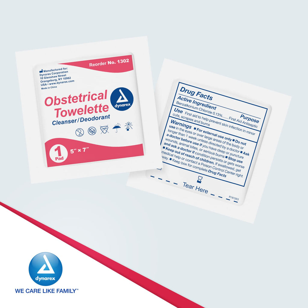 Dynarex 5 x 7" Obstetrical Towelettes - Benzalkonium Chloride Wipes with 5% Alcohol - Pre-Moistened, Scented & Individually Wrapped Sanitizing Wipes - 1 Box of 100 Wipes