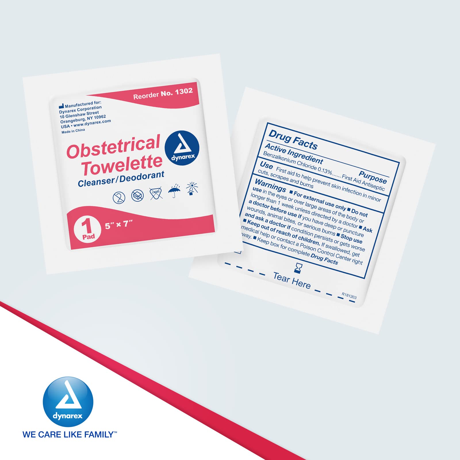 Dynarex 5 x 7" Obstetrical Towelettes - Benzalkonium Chloride Wipes with 5% Alcohol - Pre-Moistened, Scented & Individually Wrapped Sanitizing Wipes - 1 Box of 100 Wipes