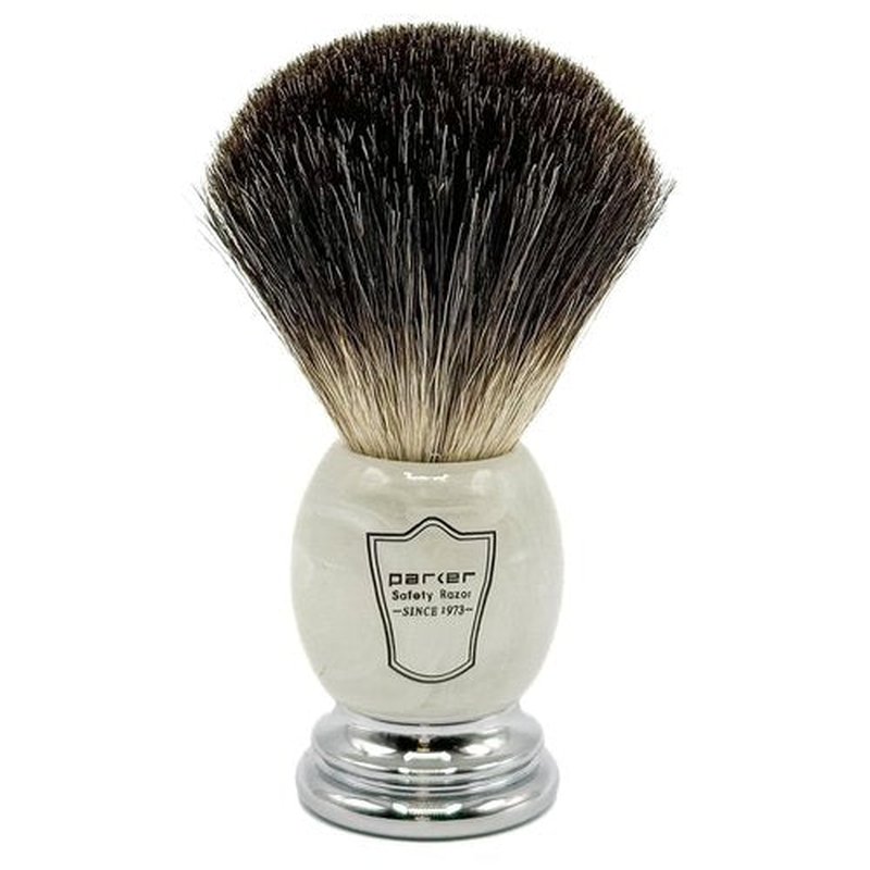 Parker 100% Black Badger Bristle Shaving Brush - Ivory Marbled Handle & Stand Included