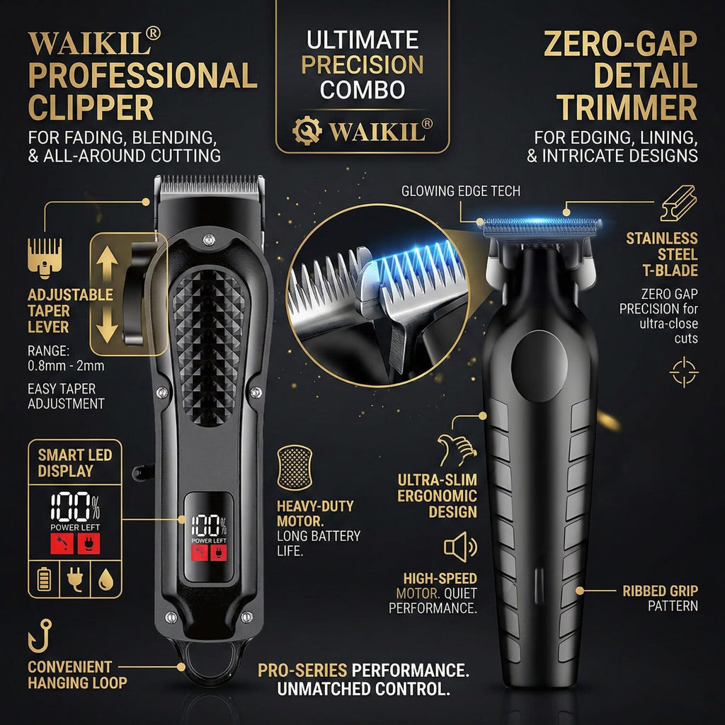 WAIKIL Professional Hair Clippers for Men with T-Blade Trimmer, Cordless Barber Clippers Set, Rechargeable Grooming Kit with Guards, Beard Trimmer, Line Up & Fading Tools