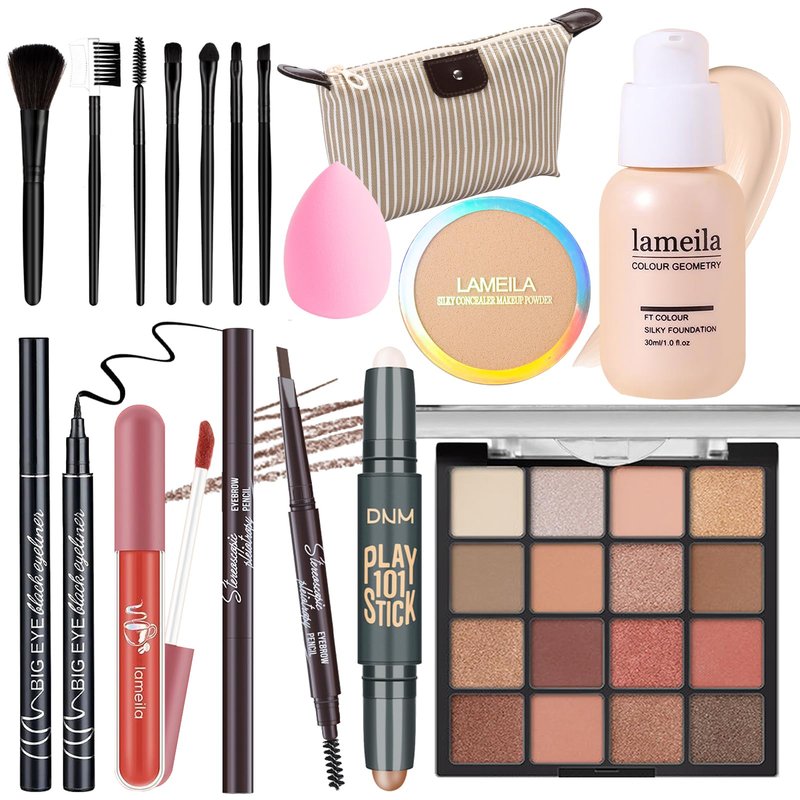 YBUETE Makeup Set Full Kit for Girls Teens Women, Makeup Present Set, Includes Eyeshadow, Foundation, counter stick, Powder, Eyebrow Pencil, Eyeliner, Brushes, Lip Gloss, Sponge, Cosmetic Bag