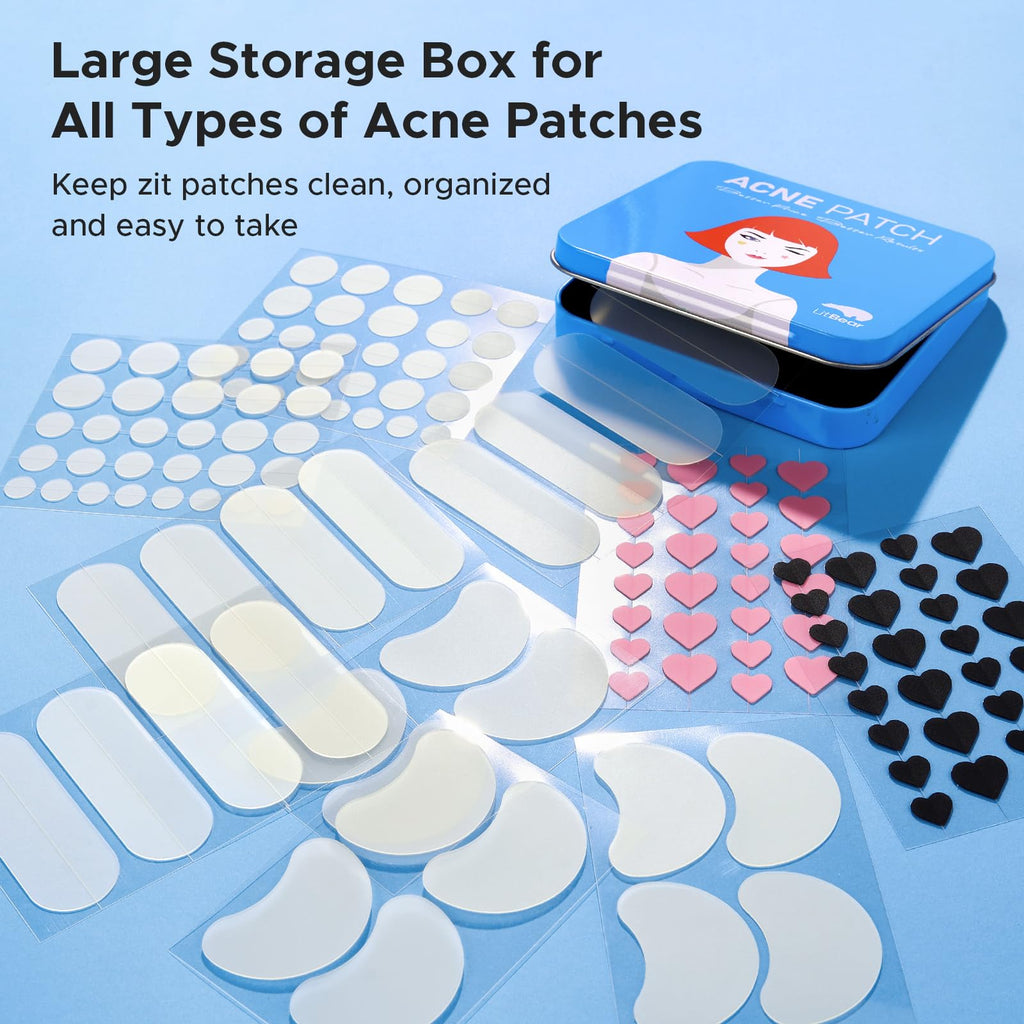 LitBear Acne Pimple Patch, 8 Sizes 140 Pcs Hydrocolloid Acne Patches with Storage Box, 24 XL Pimple Patches for Face, Chin, Nose, 4 Shapes Zits Patches for Blemish, dots with Tea Tree Oil & Cenrella