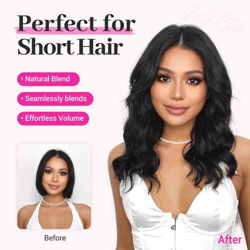 KooKaStyle 14 Inch Clip In Hair Extensions, 6 Pieces Short Hair Extensions, Wavy Curly Synthetic Lace Weft, Lightweight Natural Volume for Women – Black