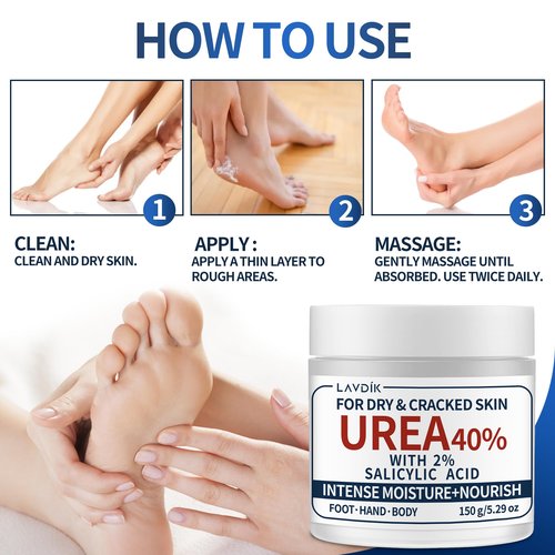 LAVDIK 40% Urea Cream with 2% Salicylic Acid, Maximum Strength Moisturizer for Dry, Cracked Skin on Feet, Hands, Heels, Elbows, and Knees, 5.29 OZ