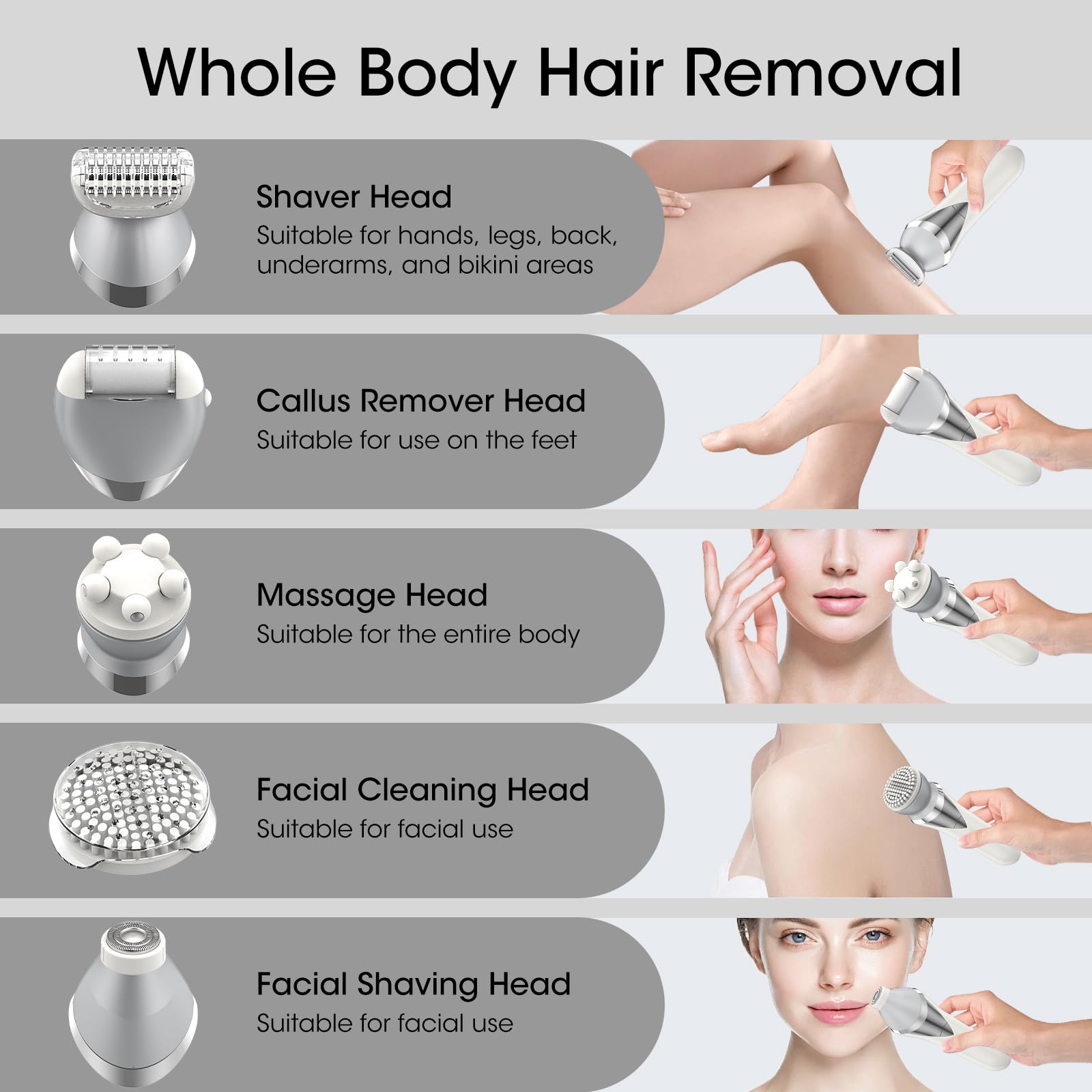 Qreeyx Epilator for Women, 7 in 1 Epilator Hair Removal for Women, Shaver, Bikini, Face Razor, Facial Brush, Face Massage and Body Exfoliator, IPX6 Waterproof Painless Lady Shaver Wet & Dry (White)