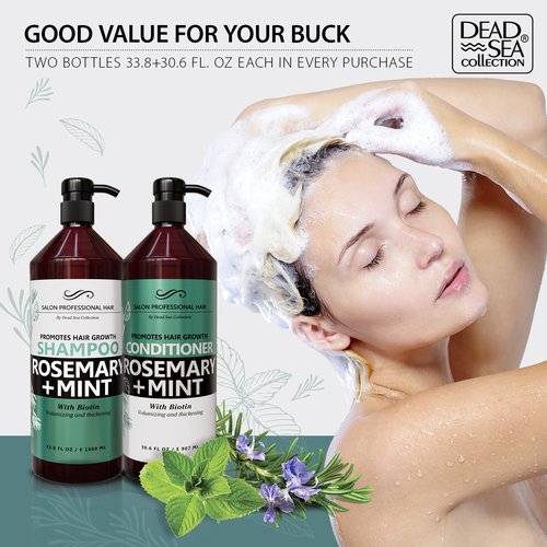 Dead Sea Collection Shampoo and Conditioner Set for Strengthening and Volume - Pure Dead Sea Minerals, Rosemary and Mint – Hair Care - Nutrition, Repair and Shine - Pack of 2 (33.8 & 30.6 Fl. Oz)