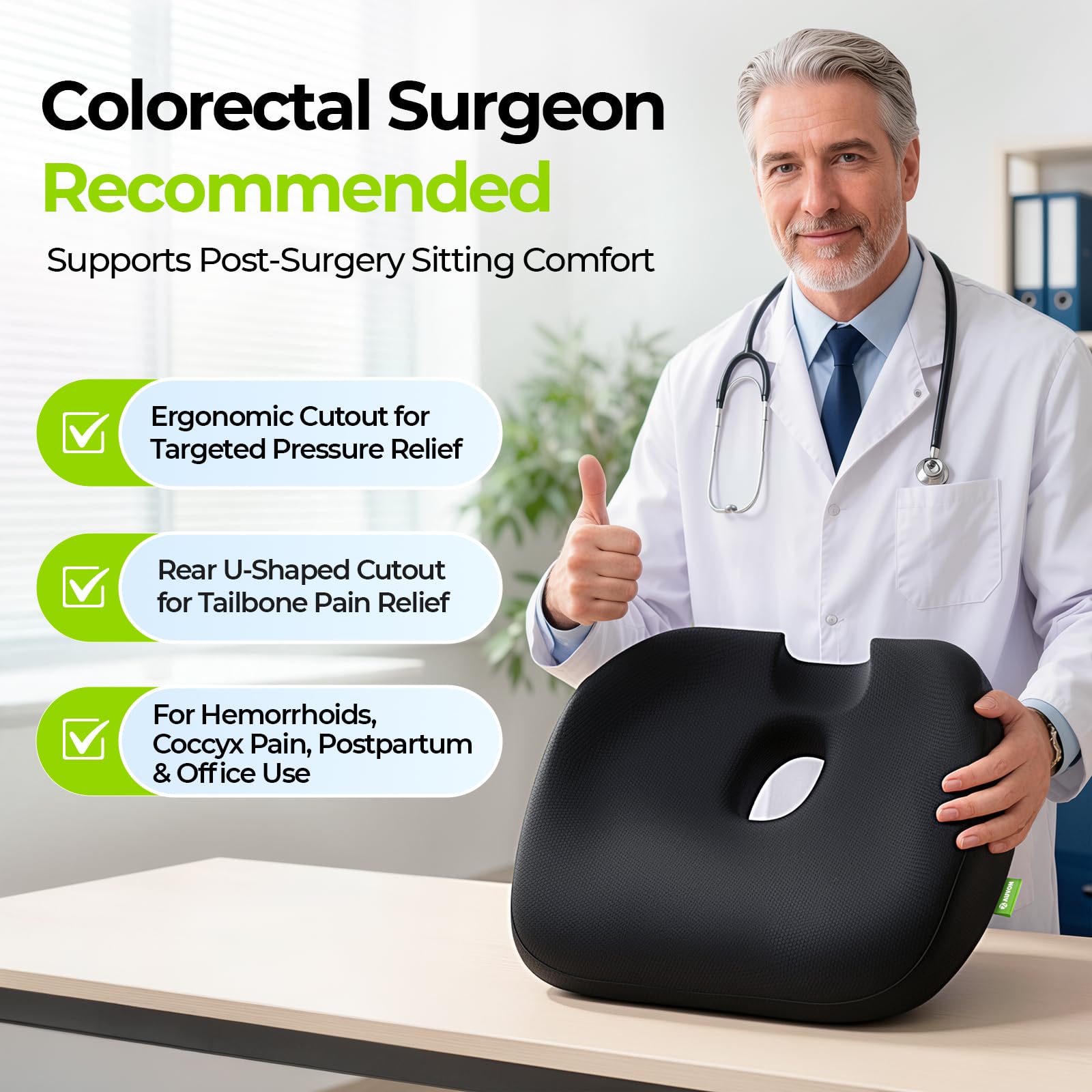 AUVON Innovative Donut Pillow Hemorrhoids Scientific Center Hole and Tailbone Cutout, Orthopedic Pain Relief Donut Seat Cushion for Coccyx, Sciatica, Postpartum Pregnancy, After Surgery Sitting Relief