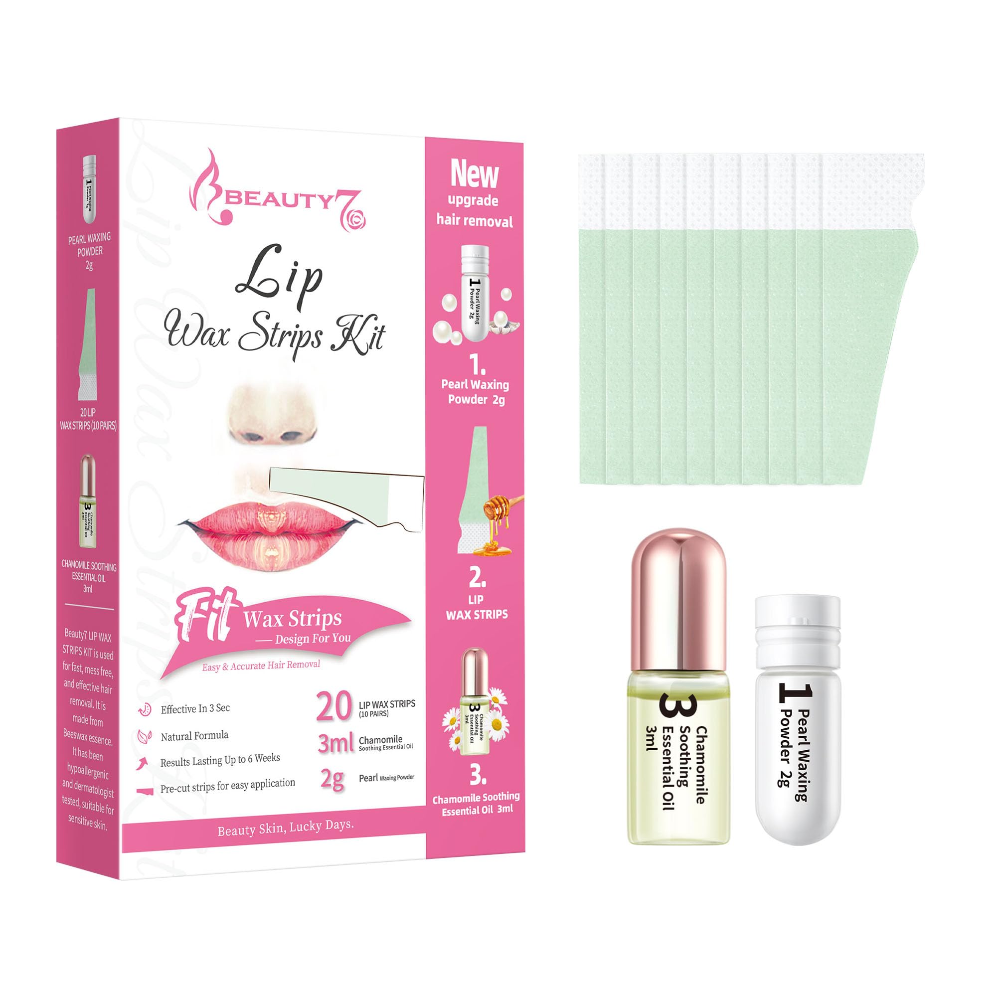 Beauty7 Lip Wax Strips for Women, Facial Wax Strips, Hair Removal for All Skin Types, 20 pcs Strips with Pearl Powder Essential Oil
