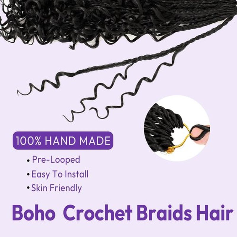 Goddess Box Braids Crochet Hair Pre-looped Boho Crochet Braids For Women With Curly Ends 14inch 7 Packs Synthetic Bohemian Box Braids Hair Extensions (1B)