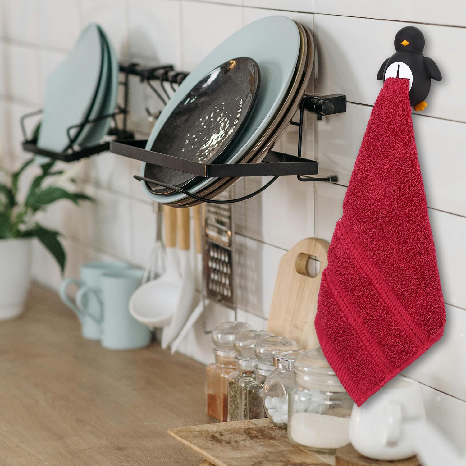 Funny Penguin Kitchen Towel Self Adhesive Silicone Hooks Holder, Appreciation Christmas Gifts for Women Men Wife Friend Sister, Holder for Kitchen Garages RV Camper Cabinet Towel Hooks-DXGP01