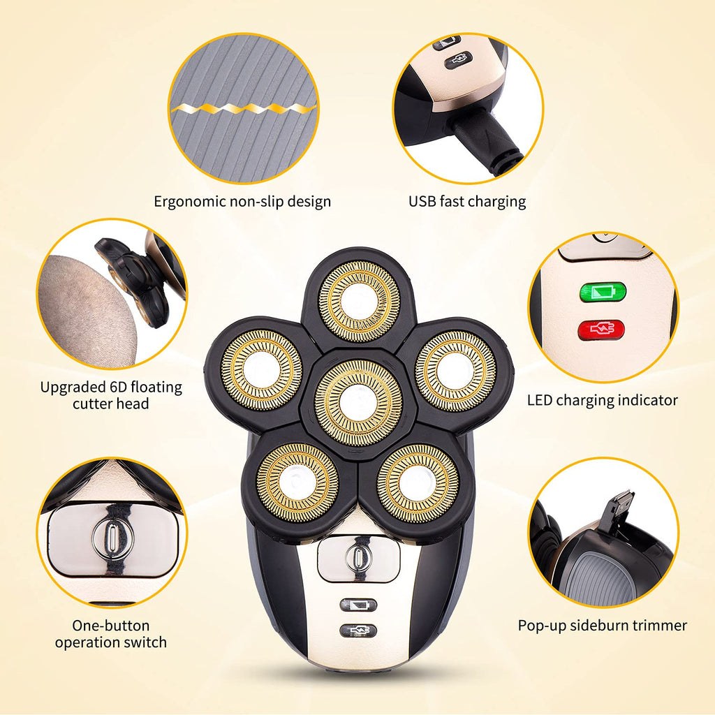 Head Shavers for Men - Upgraded Multifunctional Bald Head Shaver, Waterproof Electric Razor for Men Cordless Rechargeable Shaving Grooming Kit (Gold)