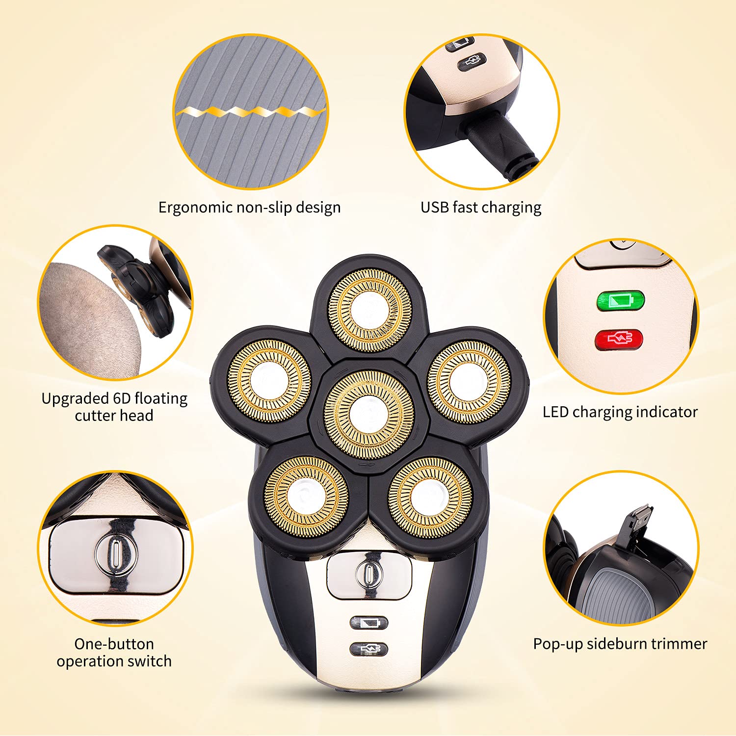 Head Shavers for Men - Upgraded Multifunctional Bald Head Shaver, Waterproof Electric Razor for Men Cordless Rechargeable Shaving Grooming Kit (Gold)