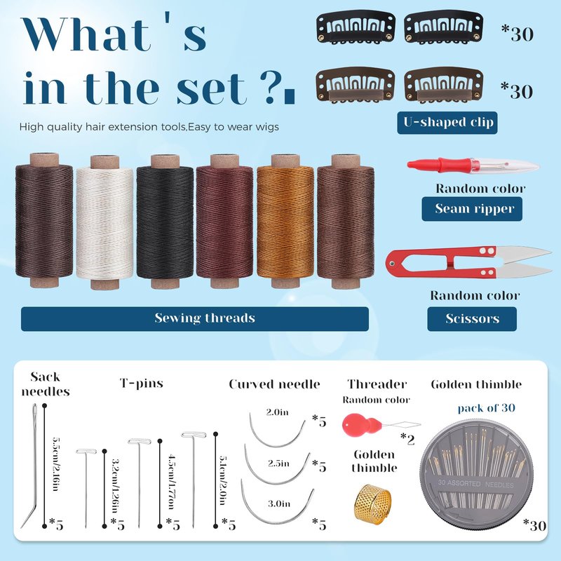 Yizzvb 60 Pcs 32mm Hair Extensions Clip, Hairpieces Snap Clips U Shape Wig Clips for Hair, 6 Rolls Hair Thread for Weave,Wig Thread Kit, Curved Needles for Wig Making Hair Extensions