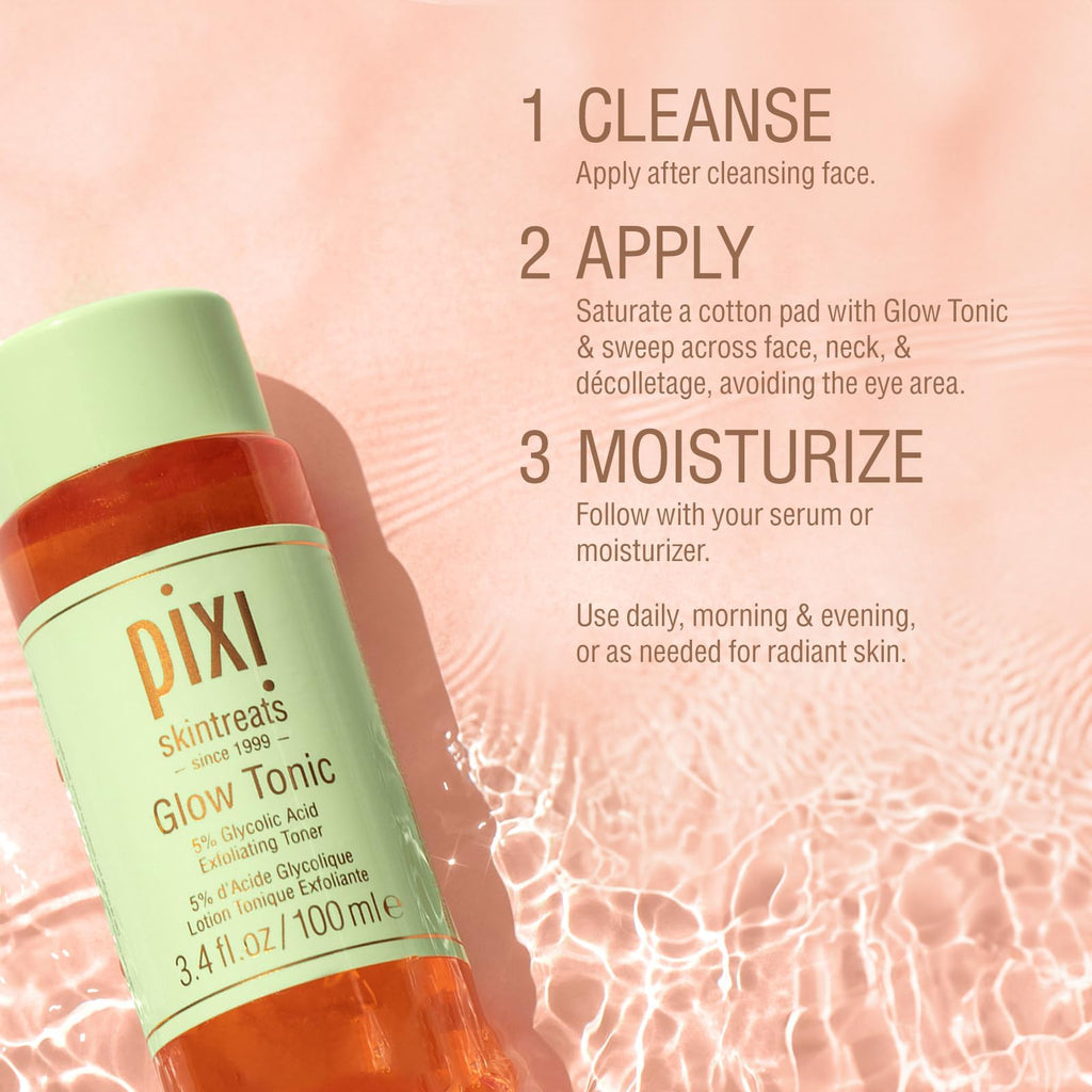 Pixi Glow Tonic Balancing Face Toner Glycolic Acid for Radiant Skin Daily Brightening Toner (3.4 fl oz / 100 ml)