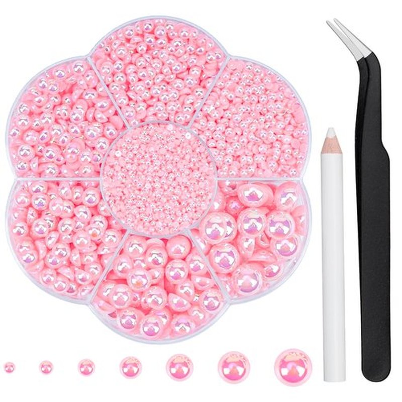 Mdscve 6100Pcs Nail Pearls, Flatback Pearls for Crafting Half Pearl for Makeup Nail Beads for Crafts DIY Pearl Charms Nails Decorations with Tweezer and Picker Pencil (AB Light Pink)
