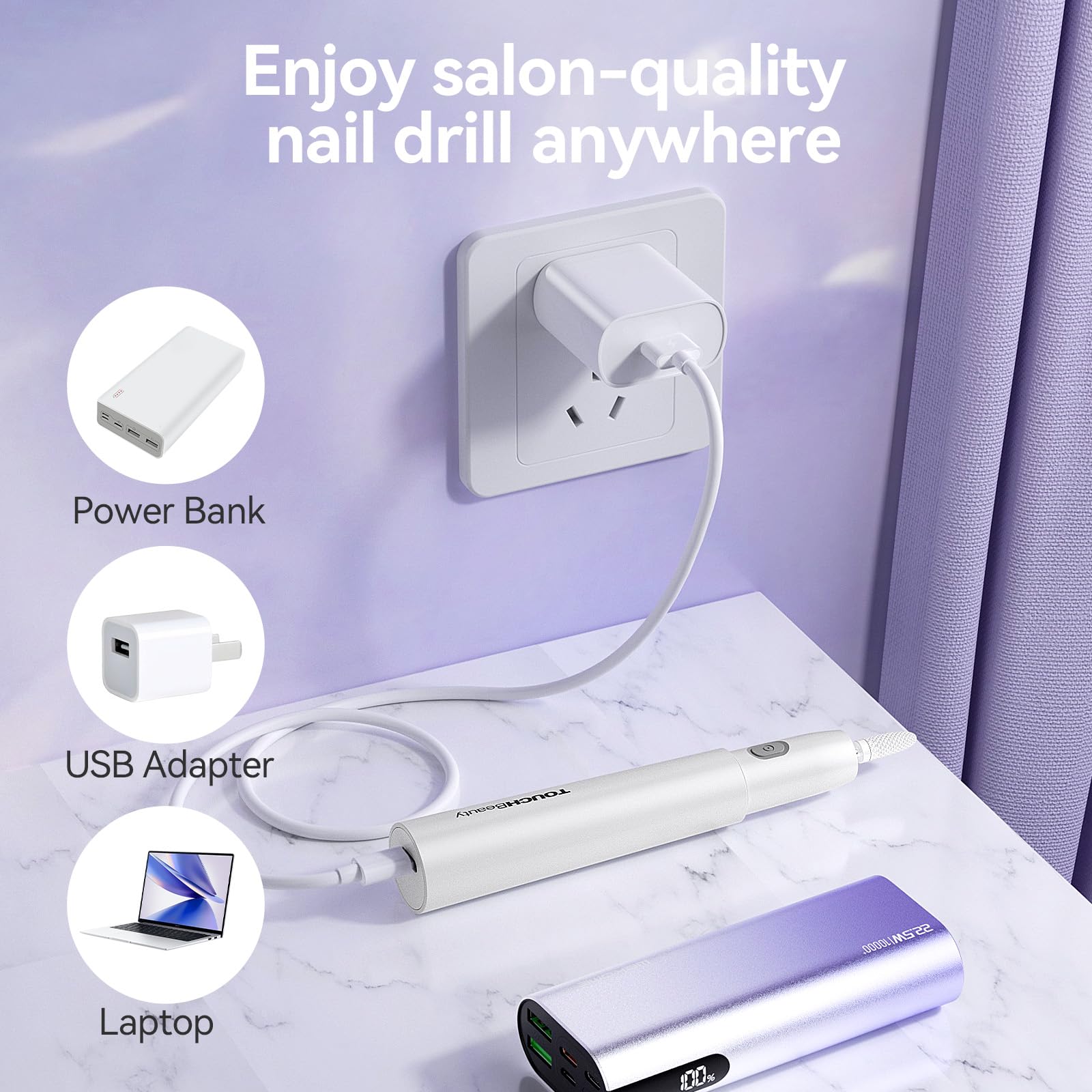 TOUCHBeauty Electric Nail Drill: Professional Files for Acrylic Gel Nails - Lightweight, Portable Manicure Pedicure Kit With Case - Perfect for Regular and Nail Art