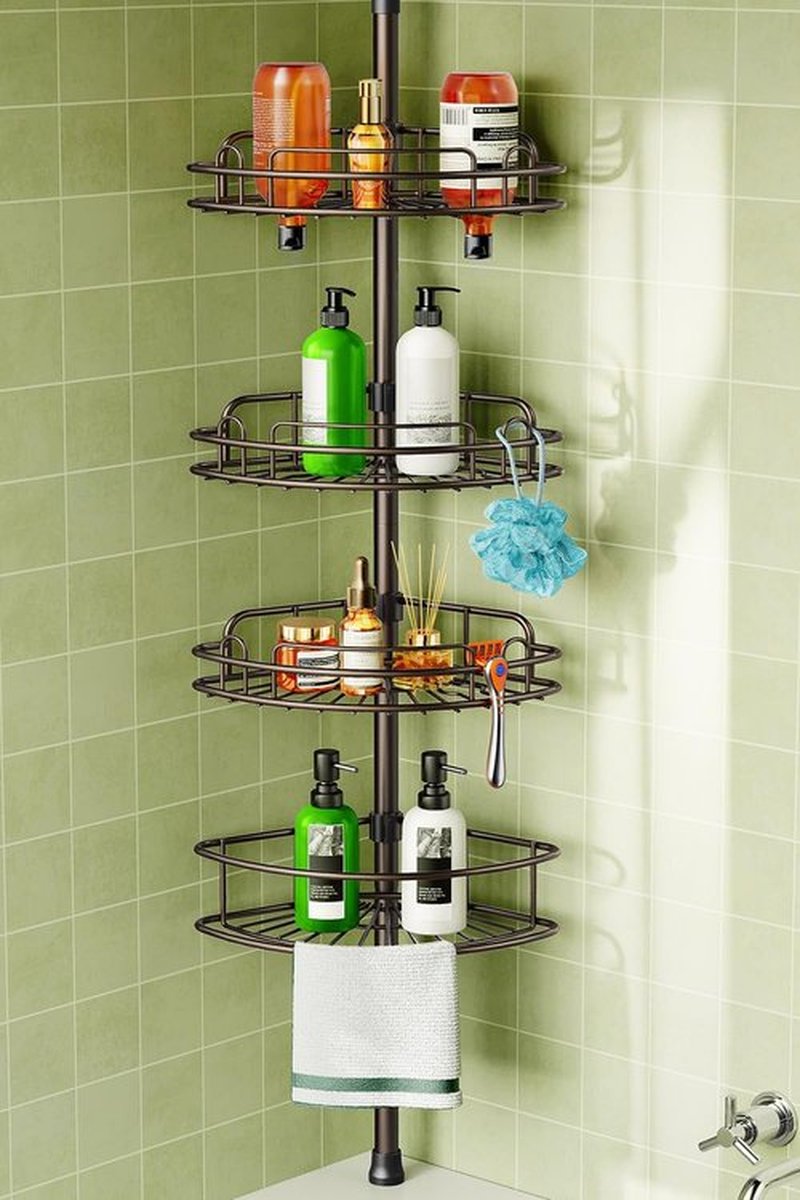 HAMITOR Corner Shower Caddy | 4-Tier Rust-Resistant Bathroom Organizer - Adjustable 47-121 Inch - No-Drill Quick Installation - Space-Saving Bronze Shelves