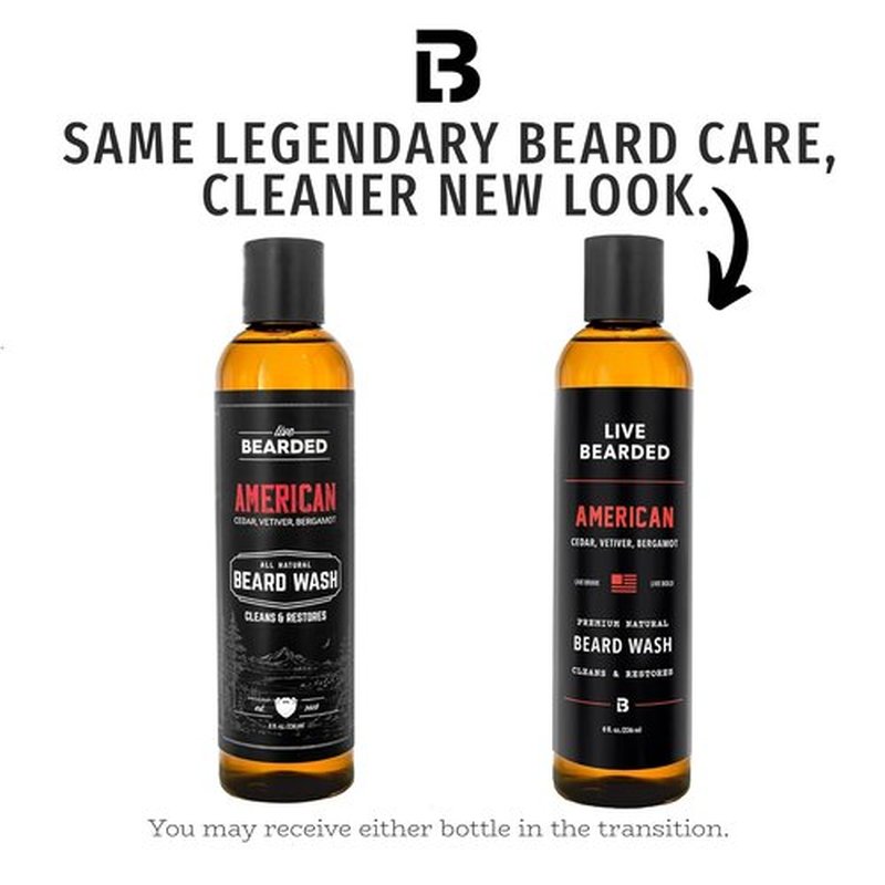 Live Bearded Beard Wash - All-Natural Water-Based Cleanser for Gentle Deep Clean - 8 fl oz | American Scent: Cedar, Vetiver, Bergamot