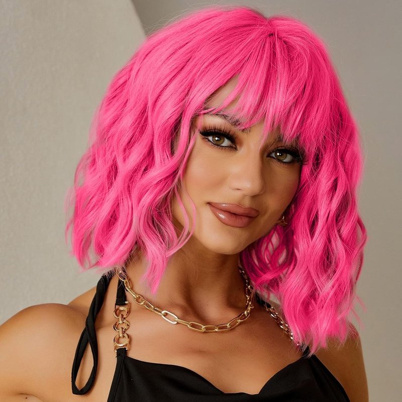yumtaro Pastel Hot Pink Wavy Bob Wig for Women, Short Shoulder Length Synthetic Wig with Bangs, Matte Natural Realistic Look Lightweight Hairpiece, Hot Pink Color for Daily Wear & Cosplay Costume