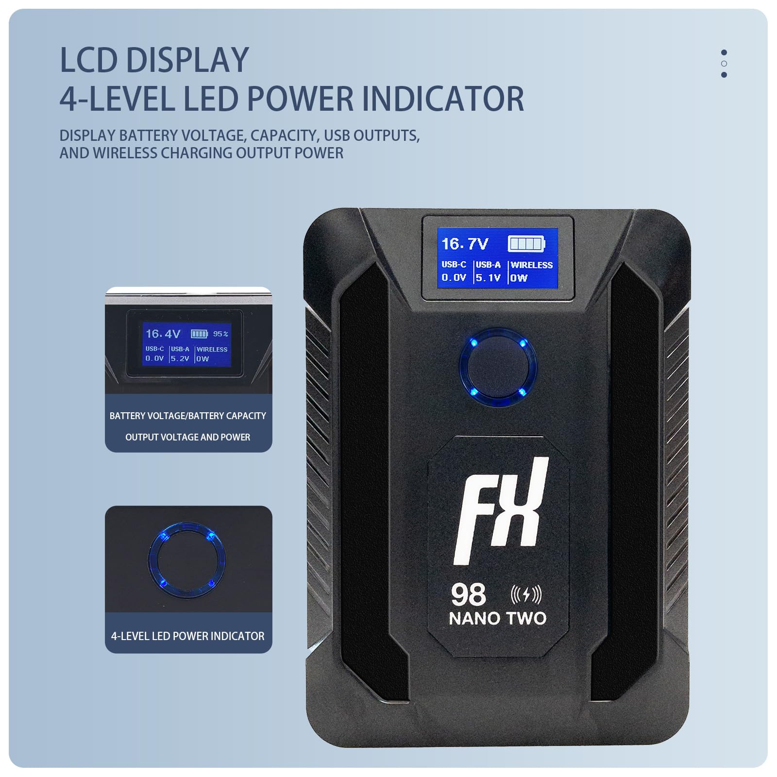 FXLION Mini V Mount Battery Nano Two, 98Wh/ 6800mAh V Mount Battery with USB-C Input/Output, USB-A Output, Dual D-tap Outputs for Camera, Monitor, Light and Smartphone, Support 15W Wireless Charging