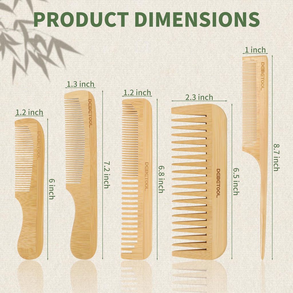 DEBETOOL 5 Pieces Bamboo Comb Set - Natural Wooden Combs for Women Hair Growth, Anti-Static Wood Comb for Curly/Thick Hair Daily Use