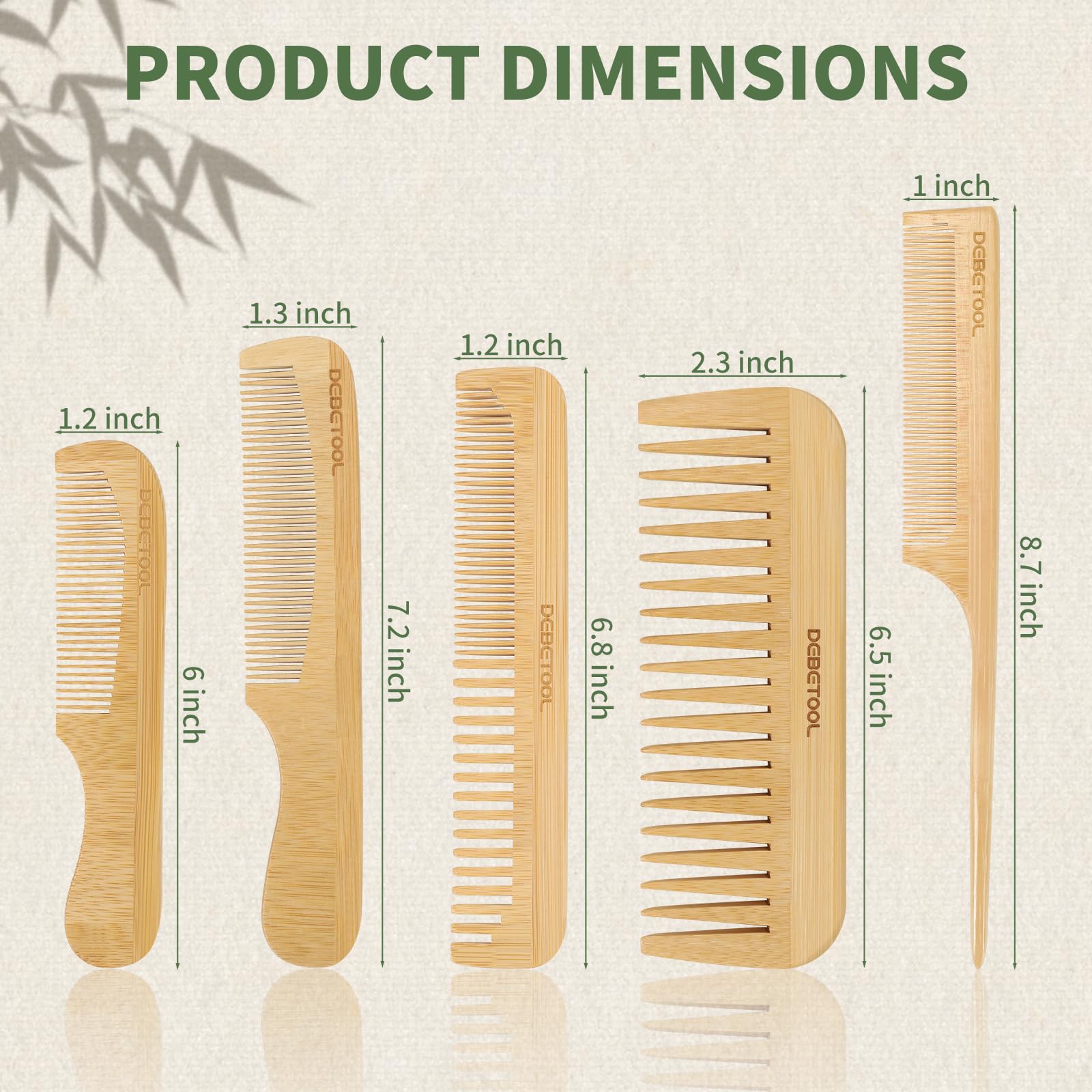 DEBETOOL 5 Pieces Bamboo Comb Set - Natural Wooden Combs for Women Hair Growth, Anti-Static Wood Comb for Curly/Thick Hair Daily Use