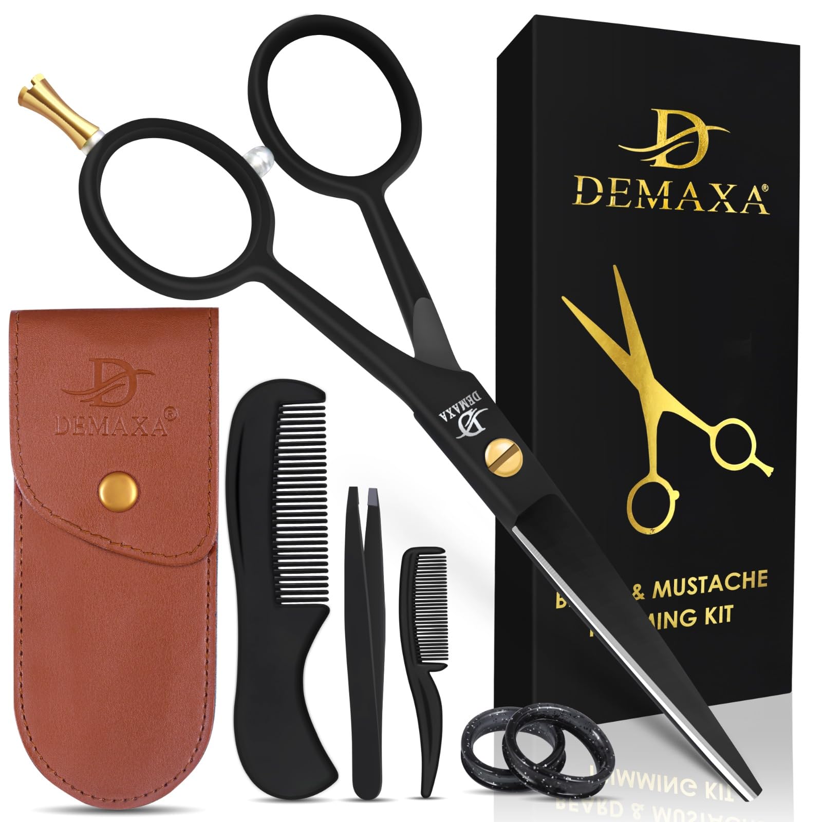 DEMAXA 5" Professional Mustache Scissors Beard Scissors for Men with Fine tip Tweezers 1 Mustache Comb 1 Beard Comb & Pouch – Beard Trimming kit & Mustache Kit (Black Shears With Tweezer)