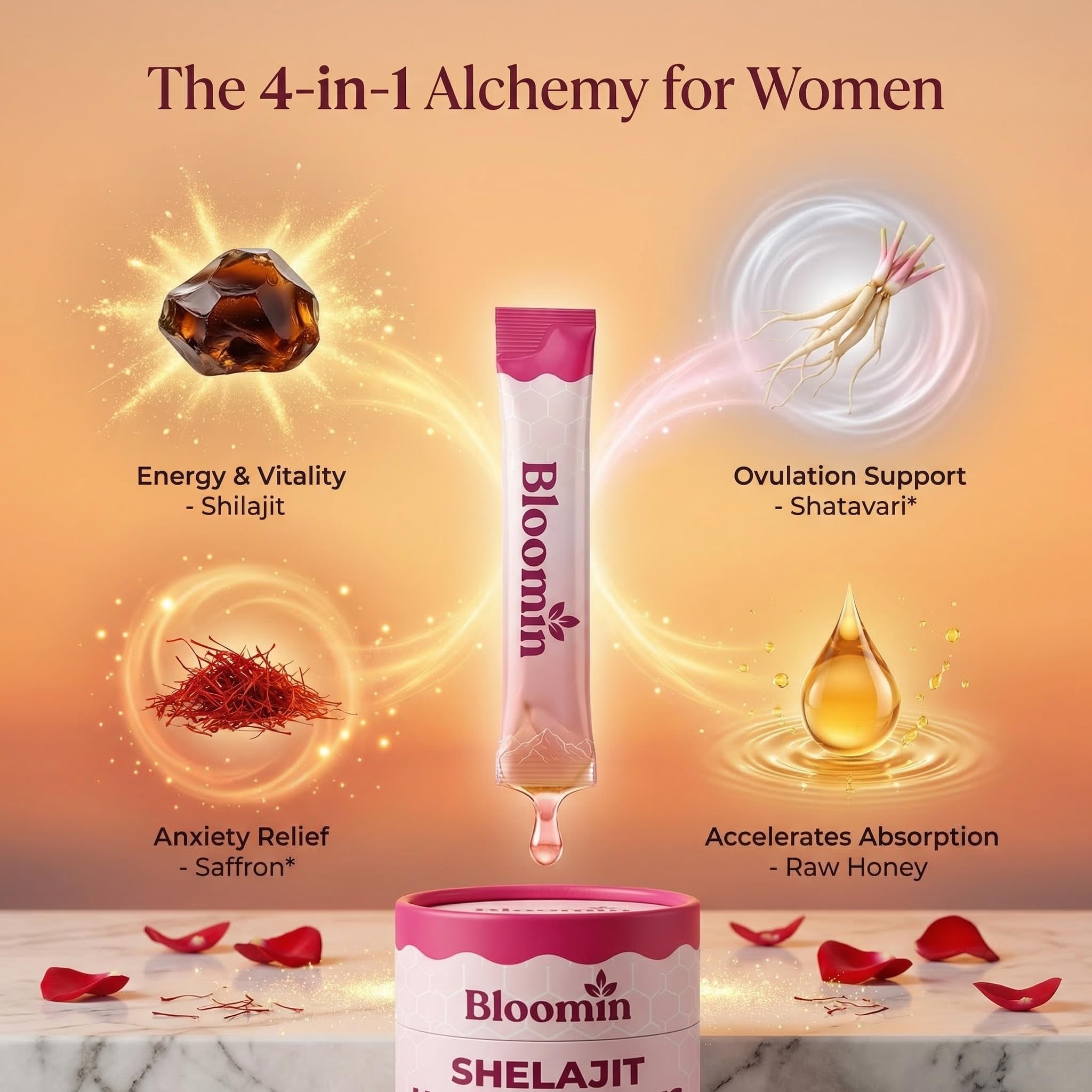 Bloomin Honey Sticks, Shilajit Honey Sticks for Women, Support Hormonal Balance, Focus & Stamina, Daily Energy, with Shilajit, Shatavari & Saffron, Non-Gmo, 30 Sticks (Strawberry)