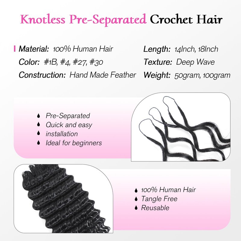 Urbeauty Feather Crochet Human Hair for Black Women, Deep Wave for Boho Braids, Pre-Looped, Knotless & Invisible Finish, 100% Human Hair, Soft, Lightweight & Reusable, Beginner-Friendly