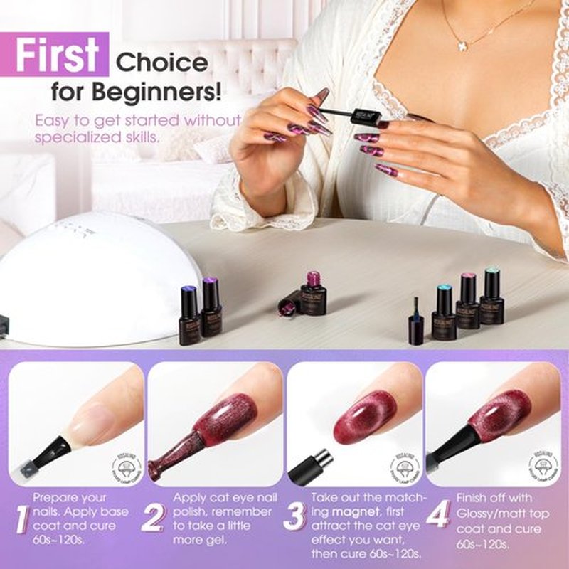 ROSALIND Cateye Gel Polish, 8 Colors Holographic Magnetic Cat Eye Gel Nail Polish Set with Magnet, Red Blue Purple Black Gel Polish Galaxy Collection Nail Art Gift DIY at Home