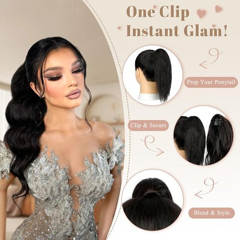 FELENDY 16" Ponytail Extension Long Curly Wavy Ponytails Clip in Claw Hair Extension Pony Tails Natural Looking Synthetic Hairpiece for Women Light Brown mix Ash Blonde