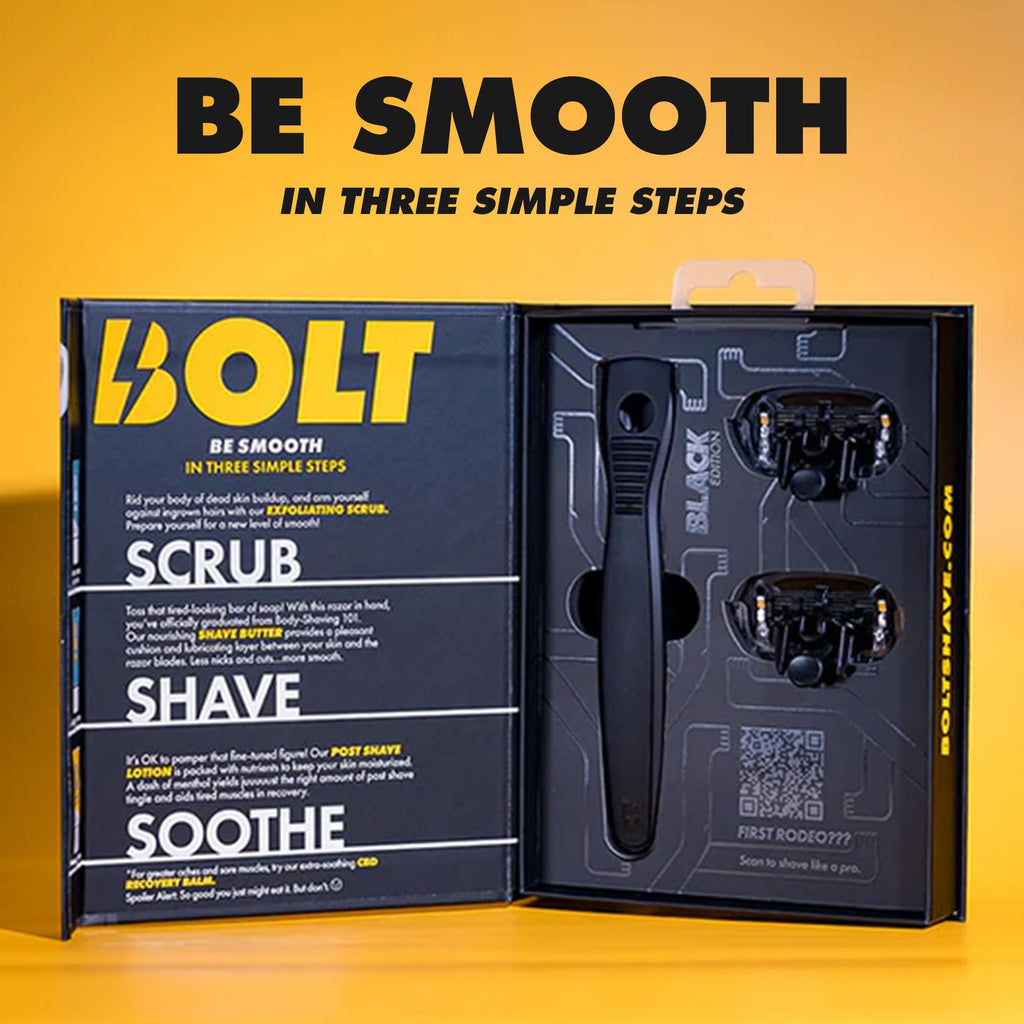 BOLT Skin + Shave - Starter Kit Black Edition - Performance Razor, Shave Butter & 3 Refill Cartridges - Smooth Shave for Body & Legs