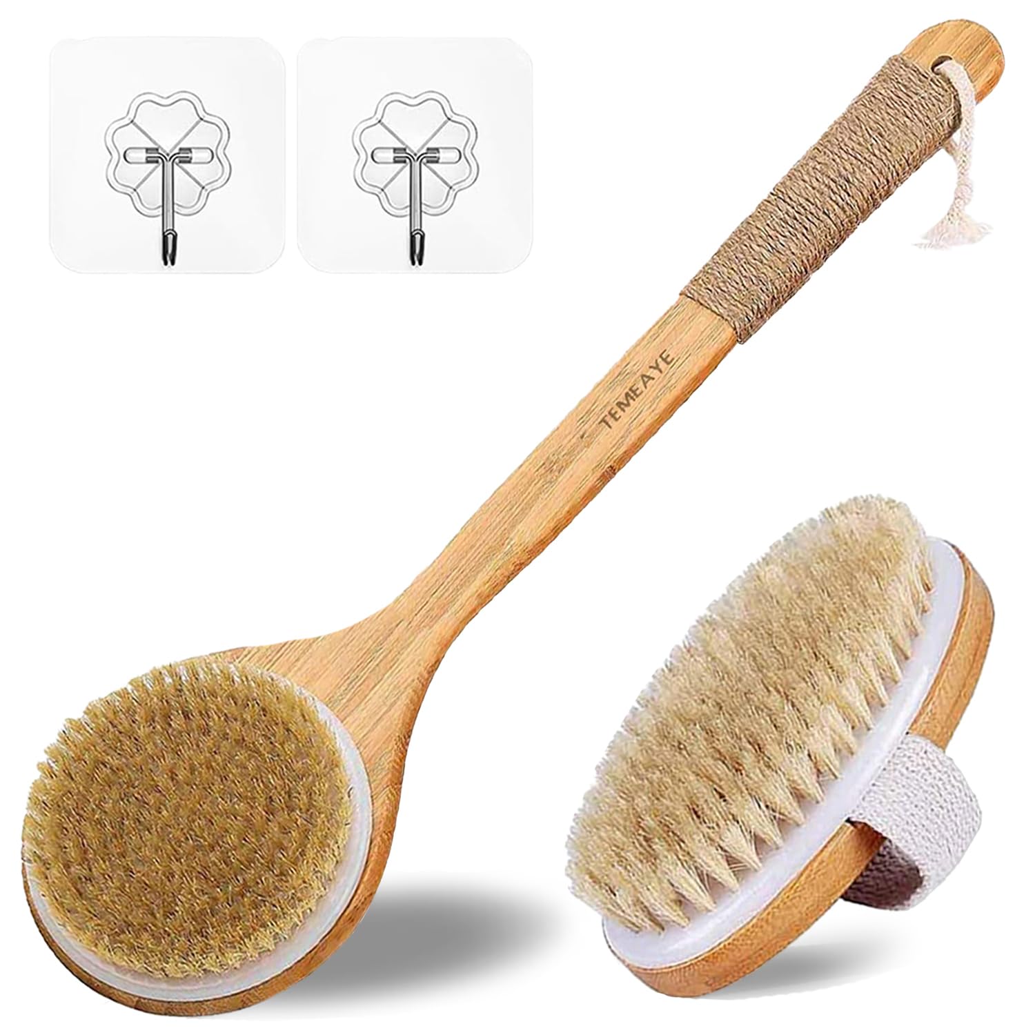TEMEAYE Dry Brushing Body Brush, Wooden Handle, Natural Bristles, 2Pcs-Set