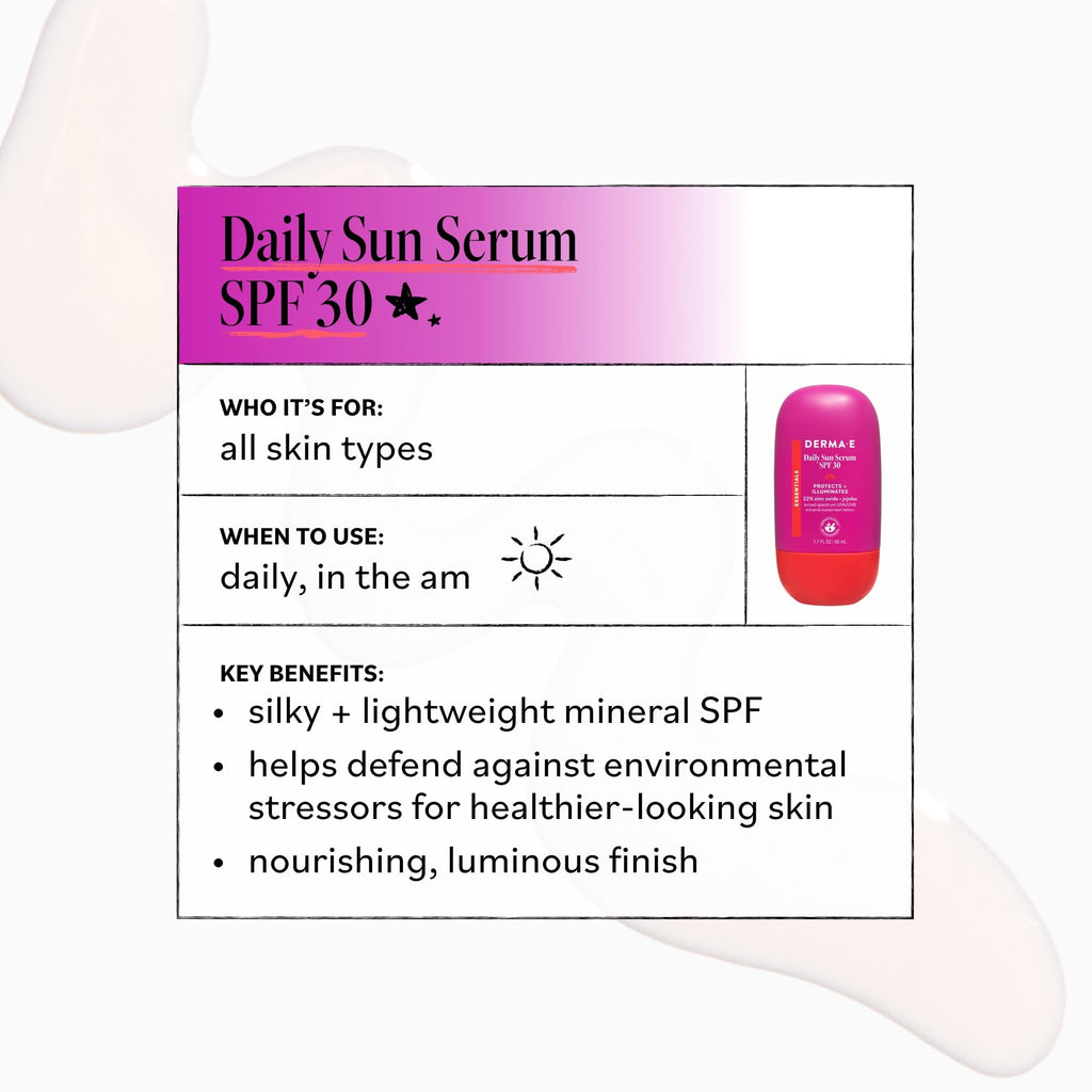 Derma-E Daily Sun Serum SPF 30, 1.7 Fl Oz, Mineral Facial Sunscreen with 22% Zinc Oxide, Fast Absorbing & Lightweight, Jojoba Oil, Bisabolol & Vitamin E, Sun Protection with Dewy Radiant Finish