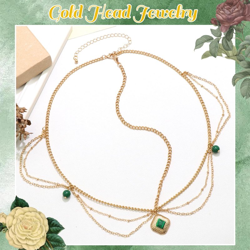 VENOFEN Head Chain Gold Headpiece Imitation Emerald Beads Forehead Jewelry for Women Boho Style Multi-Layered Chain Head Jewelry Festival Hair Decoration Accessories