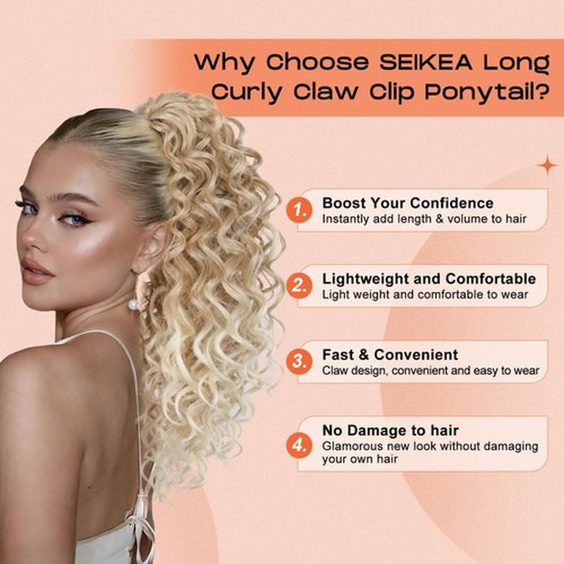 SEIKEA Ponytail Extension, 18" Claw Clip Ponytail Extension Wavy Curly Jaw Clip in Ponytail Hair Extensions Fluffy Natural Soft Fake Pony Tails Synthetic Hairpiece Dark Blonde to Light Blonde