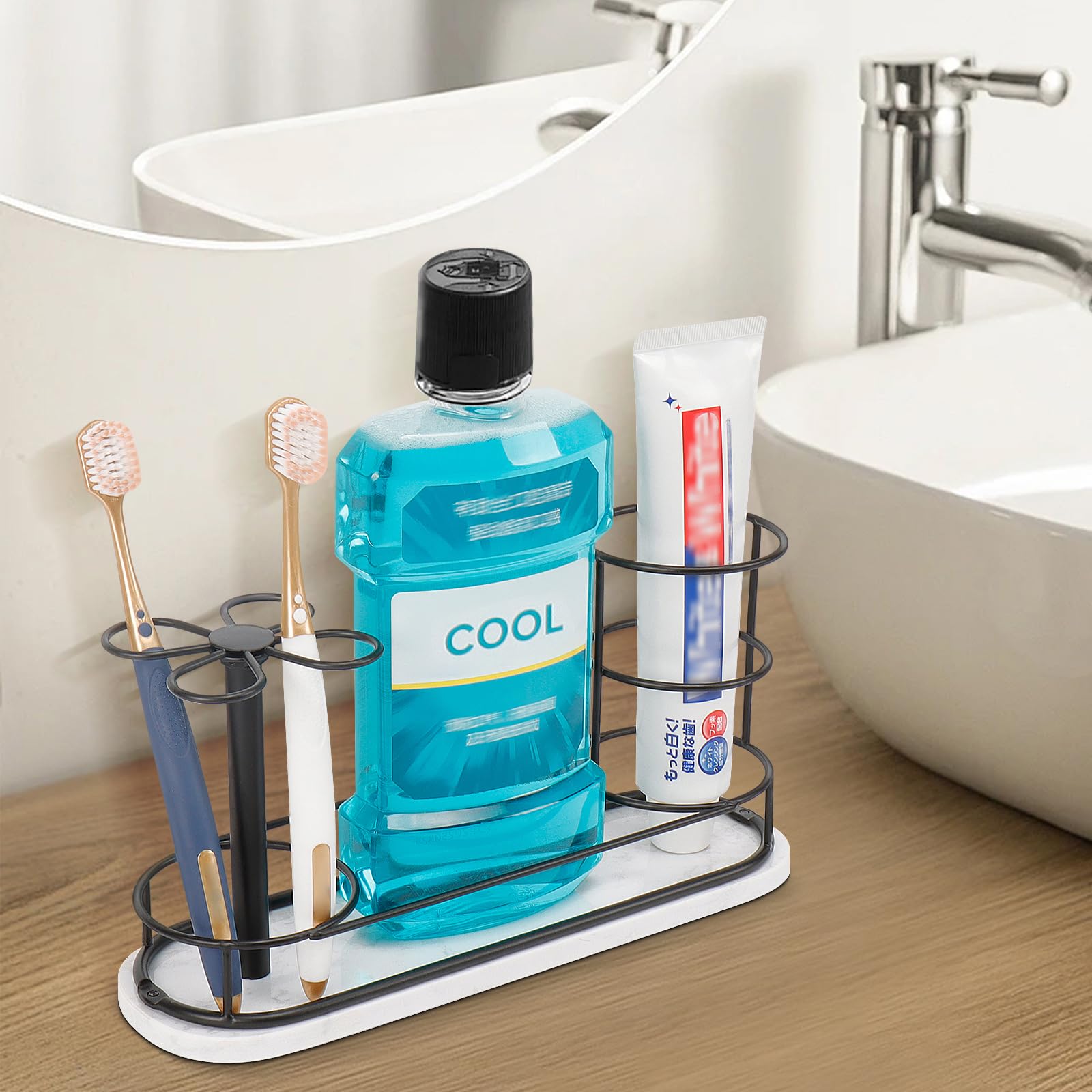 HarJue Toothbrush Holder Stand for Bathroom, Metal Toothbrush Organizer with Marble Base, Toothbrush Storage Collection for Family, Suitable for Home Hotel Countertop Vanity (Large, Matte Black)