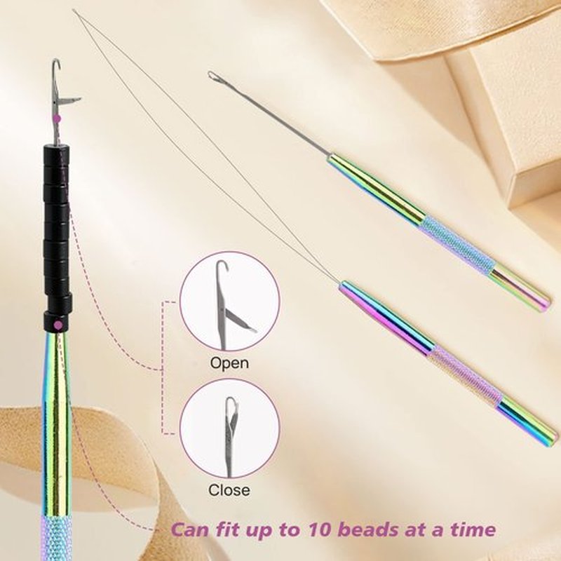 NEWISHTOOL Hair Extension Tool Kit, Micro Links Beading Pliers, Loop Pulling Hook Threader Bead Device Tool and 300 PCS Silicone Beads Hair Styling Accessories, Micro Rings Feather Extension Tools