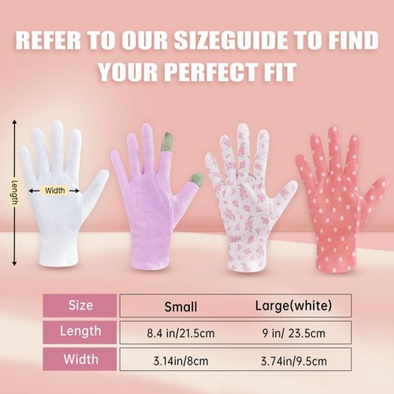 HandLove Premium 100% Cotton Gloves | Moisturizing Gloves for Dry Hands | Overnight Sleeping & Eczema | White Floral Dots, 12 Pairs