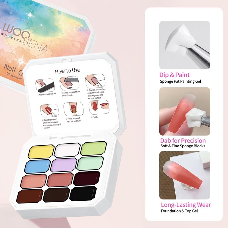 Woobena 12 Colors Pat Paint Nail Gel, Sponge Pat Gel Ombre Gradient Gel Nail Blush Blooming Aura Nails Drawing Stripper Floral Painting DIY Nail Art, No Wipe, UV/LED Curing