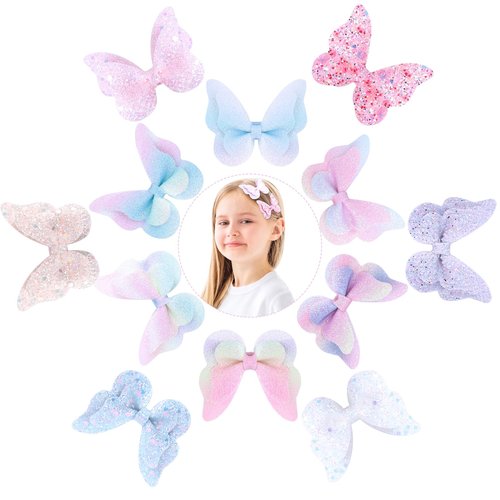 Rainbow Glitter Butterfly Hair Clips Set for Toddlers and Kids - 12 Pieces Sparkly Sequin Bows