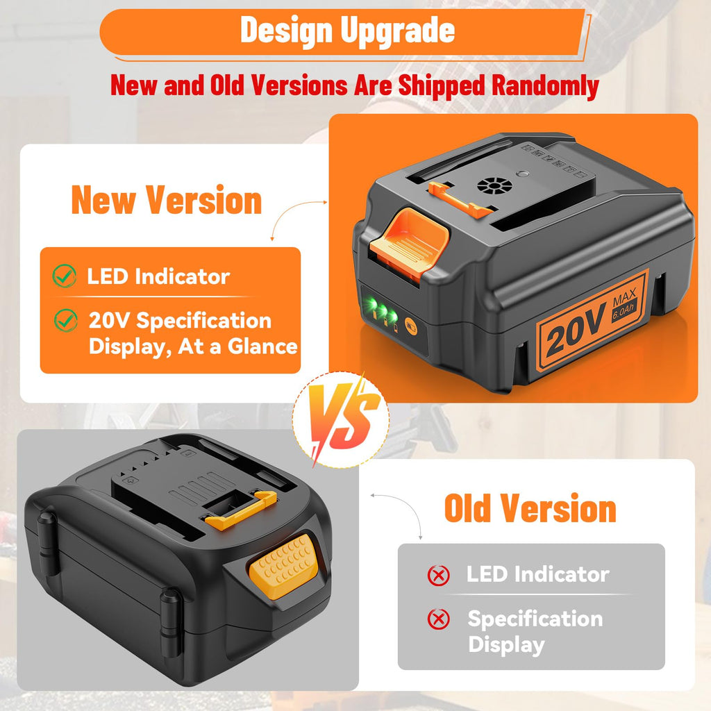 PENGJBATTER 2 Packs 20V 6.0Ah Lithium Battery Compatible for Worx 20V Power Share Battery WA3575 WA3525 WA3520 WA3742 WG155s WG251s WG255s WG545s WG890 WG891, Compatible with Worx 20 Volt Tools