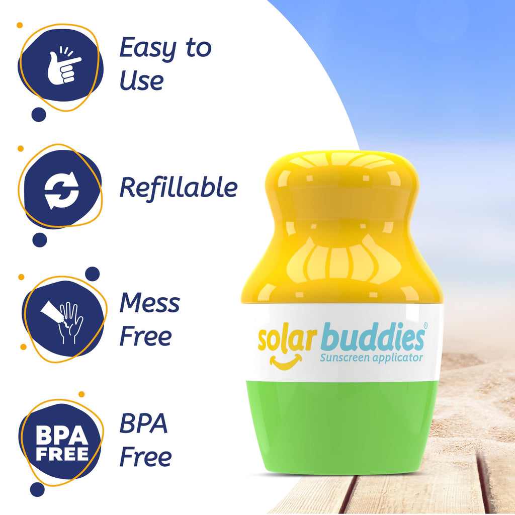 Solar Buddies Grab & Go Travel Bundle, Carabina Clip & Cleaning Brush - Single Full Green - Refillable Roll on Sponge Sunscreen, Suncream & Lotion Applicator For Kids, Adults & Families - Holds 100ml