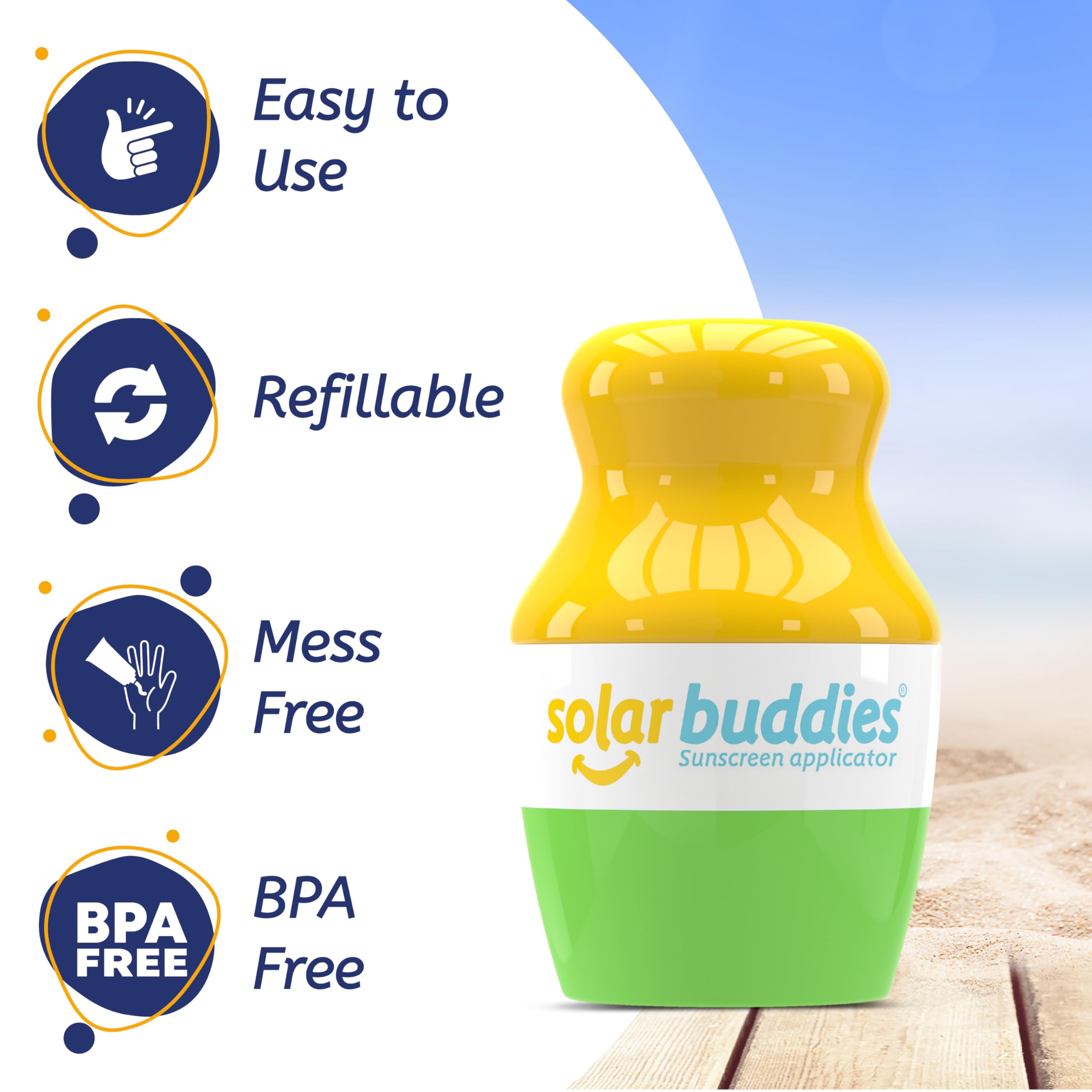 Solar Buddies Grab & Go Travel Bundle, Carabina Clip & Cleaning Brush - Single Full Green - Refillable Roll on Sponge Sunscreen, Suncream & Lotion Applicator For Kids, Adults & Families - Holds 100ml