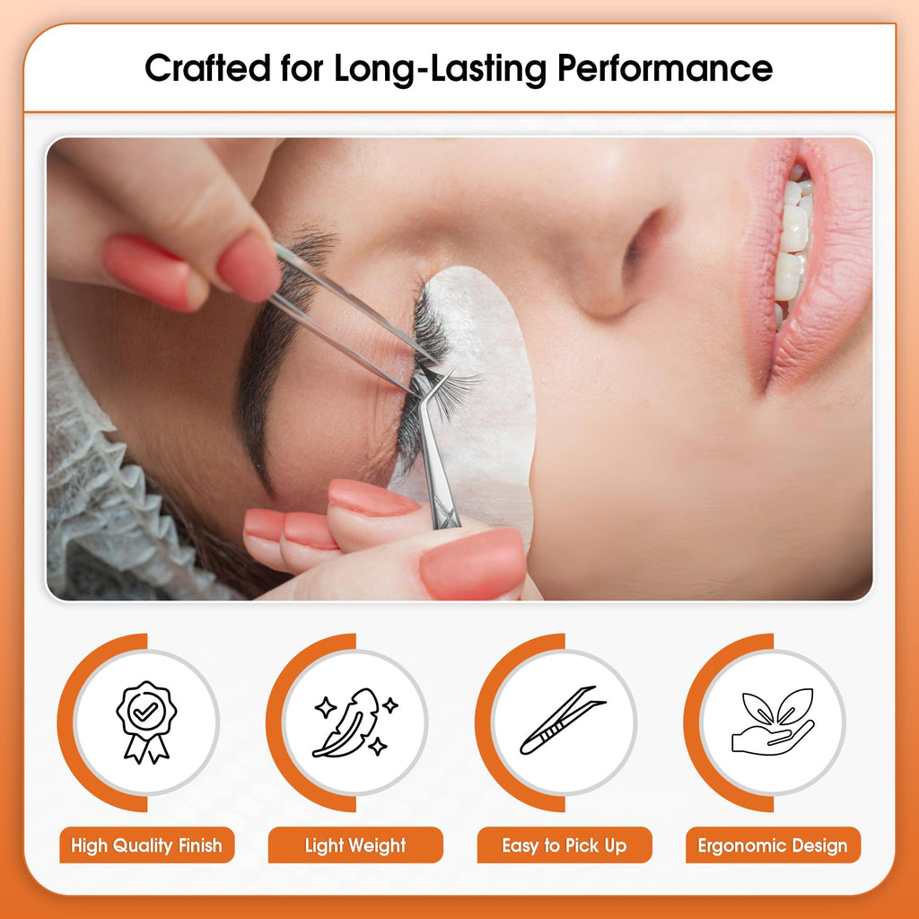 Glory Professional Angled Fiber Tip Eyelash Tweezers for Volume & Mega Volume, Diamond Grip Stainless Steel Precision Lash Extension Tweezers
