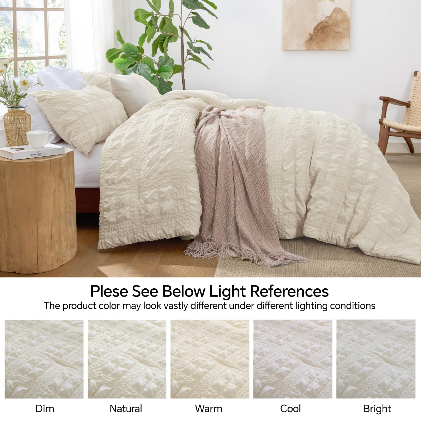 BEDELITE Cream King Size Comforter Set, All Season Luxury Seersucker Bedding Set with Pillowcases, Soft Lightweight Comforter 3 Pieces for Bedroom