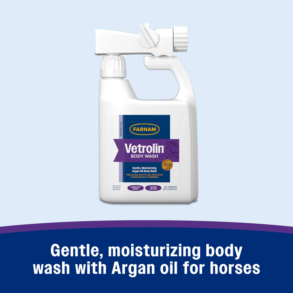 Farnam Vetrolin Body Wash, Time-Saving with No Scrubbing, Gentle and Moisturizing with Argan Oil, Soothes Dry Skin, for Horses and Dogs, 32 fl oz.